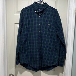 Vineyard Vines classic fit Tucker shirt Navy Green Plaid Button Down mens large